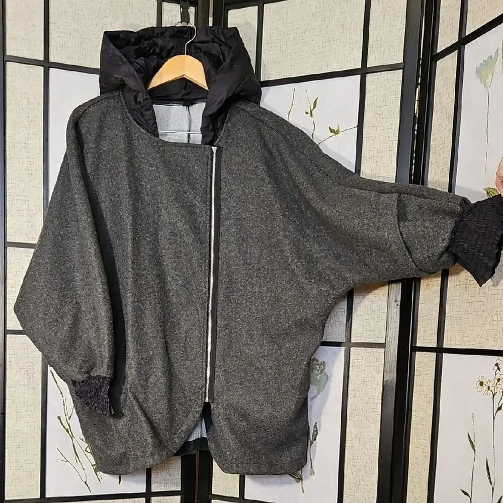 SHEIN Gray and Black Oversized Hooded Cape